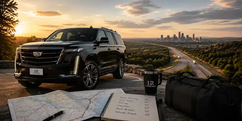 Cadillac Escalade with the official Lavish Ride logo beside a travel map, branded coffee cup, and highway overlook at sunset.